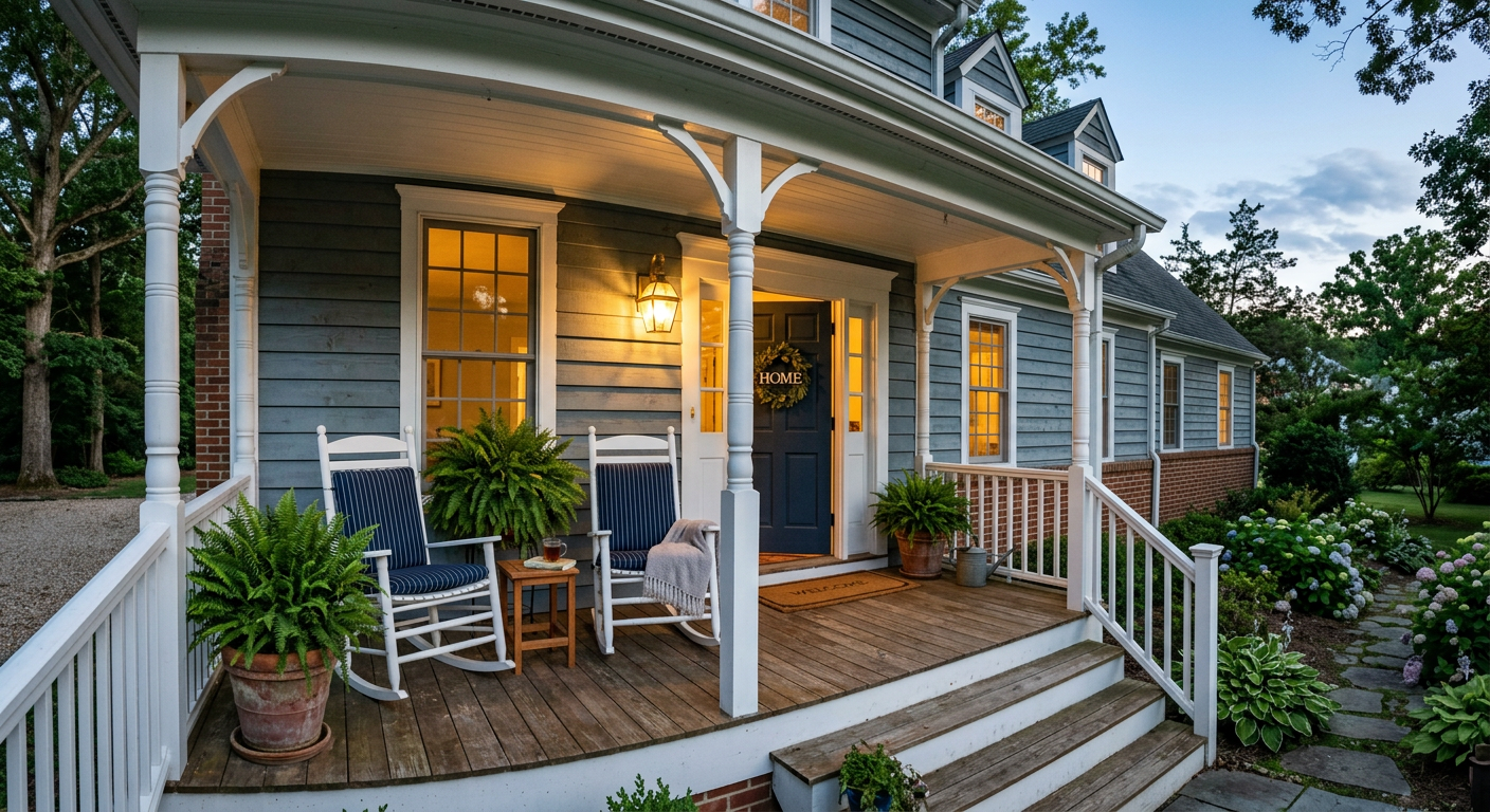 A welcoming front porch with a warm light on at dusk